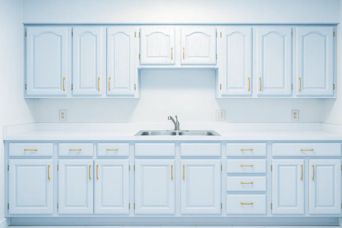 Illustrative example: the same kitchen refinished white with a light blue glaze and brass hardware