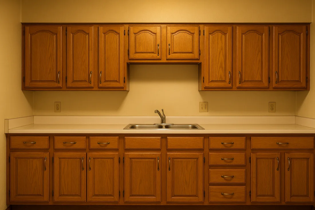 Illustrative example: a 30-year-old golden oak kitchen before refinishing