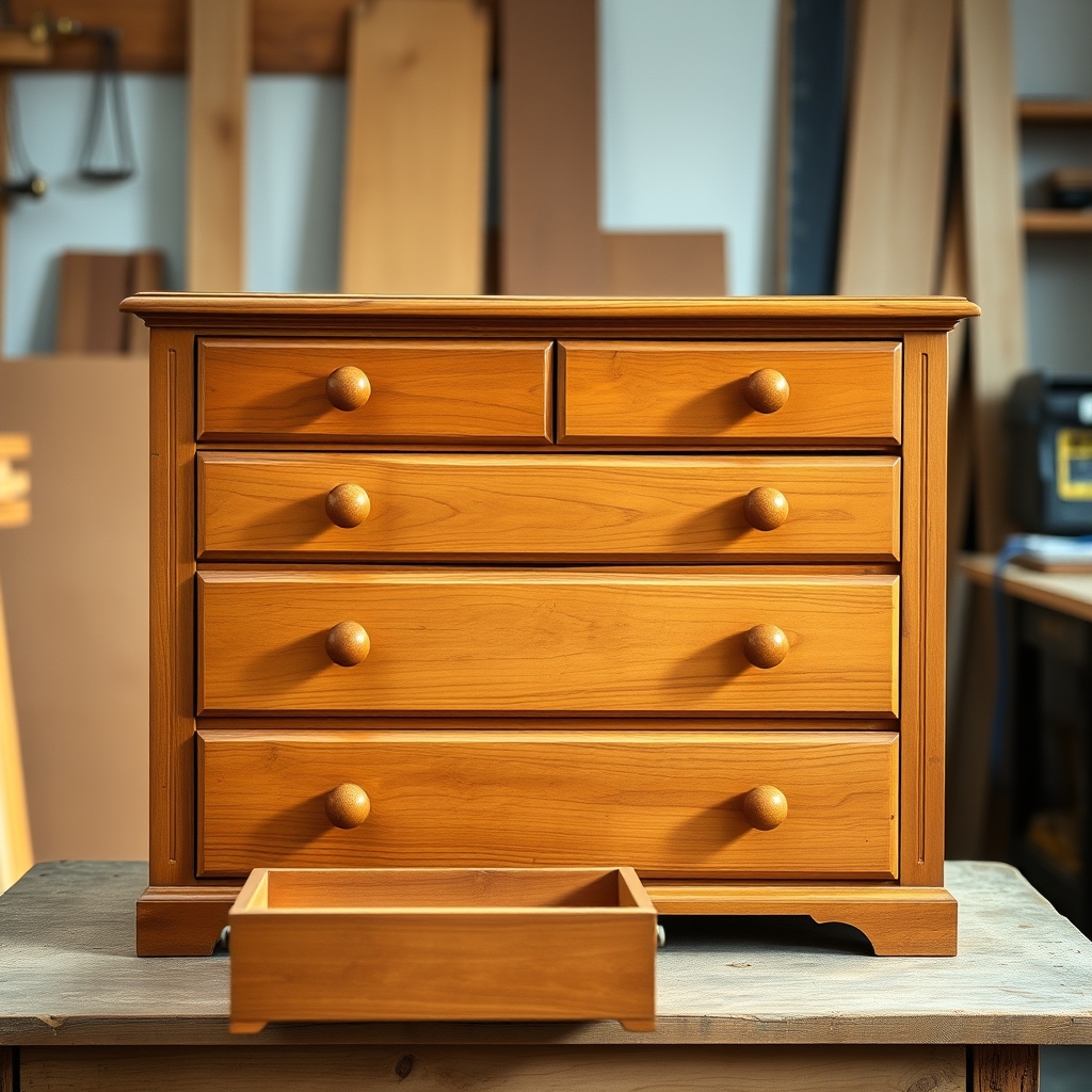 Dresser mid-refinish, drawers pulled, bare wood showing stripped lacquer