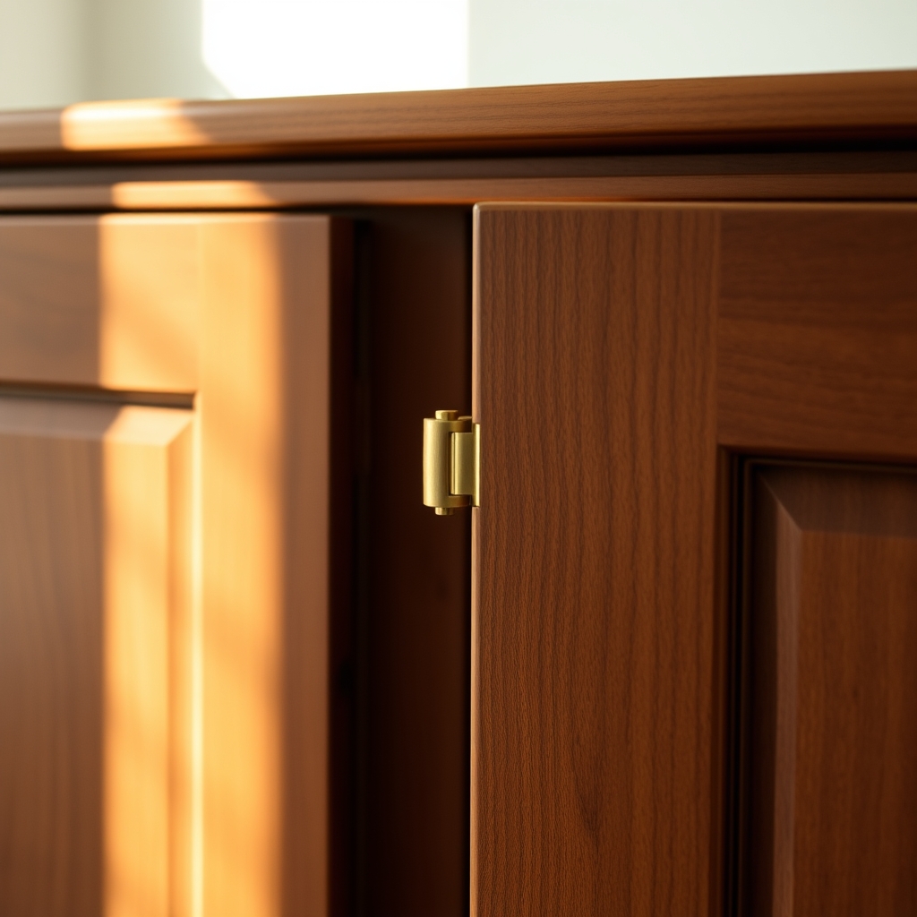 Cabinet door panel and reset brass hardware, close crop on hinge detail