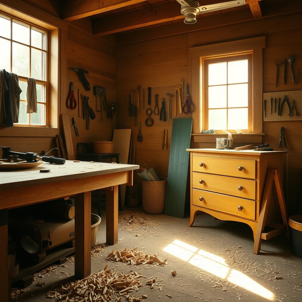 Warm, low-lit workshop interior — wood floor, worn wood tools and a piece mid-refinish